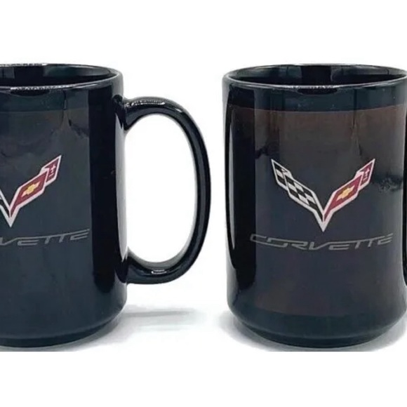 Vintage RARE Chevrolet Corvette Coffee Mug Cup Set of 2 Vette Racing Logo Black - Picture 3 of 12